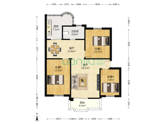 如意二马路 3室2厅1卫 85平方