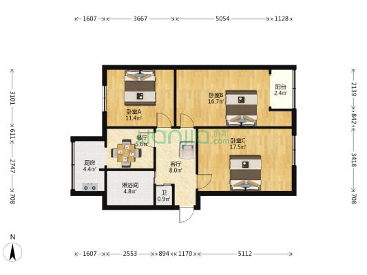 农机局宿舍 3室2厅2卫 89平方