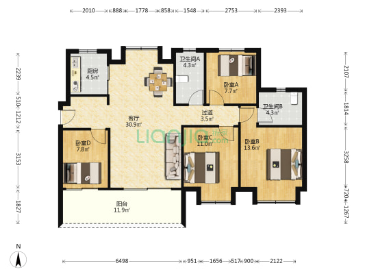 卓越景枫蔚蓝郡 4室1厅2卫 126平方