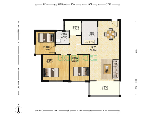 蓝光圣菲TOWN城 3室1厅1卫 86平方