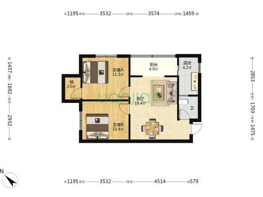 港门村东三路7号 2室1厅1卫 75平方