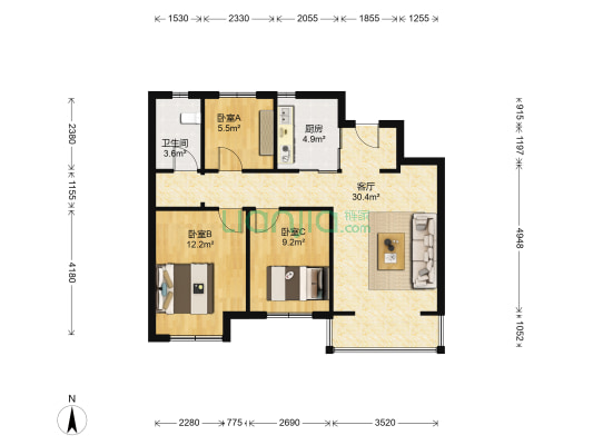 万科城市之光C区 3室1厅1卫 91平方
