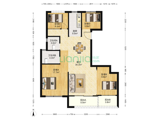 朝阳嘉园 4室1厅2卫 130平方