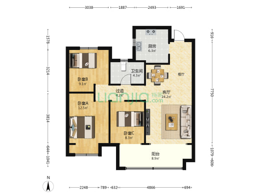 万达·西岸CLASS 3室1厅1卫 108平方