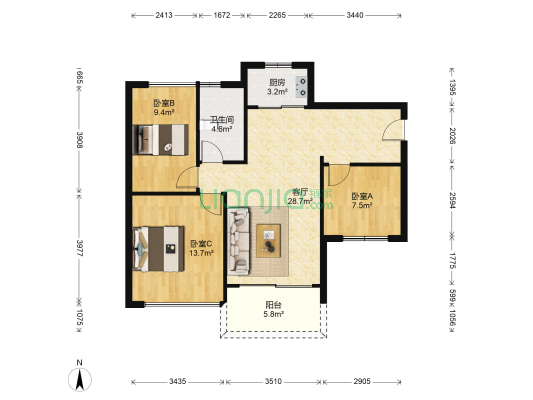 峰景左岸 3室1厅1卫 80平方