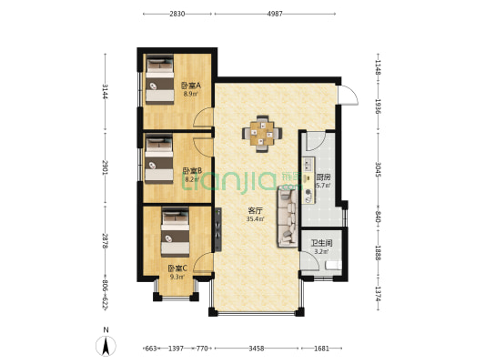 清风柳庄B区 3室1厅1卫 82平方