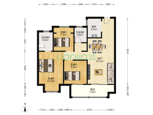 弘阳襄御澜庭 3室1厅2卫 107平方
