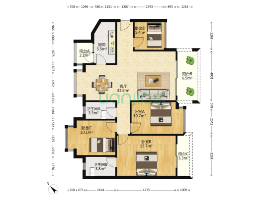 南头金湾广场 4室1厅2卫 109平方