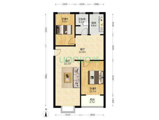 长空路南北通透 东林家园两居室 采光好 简装-户型图