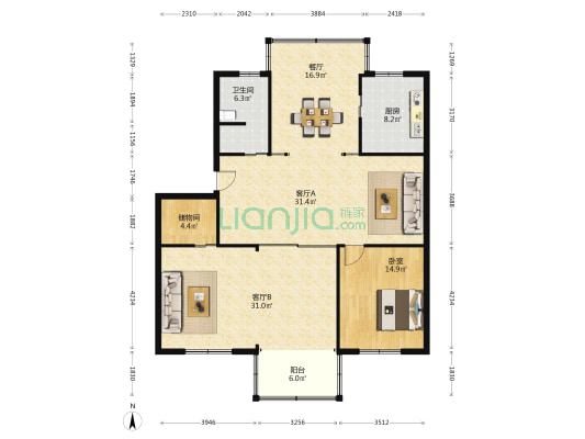 城南新村三期小区 1室3厅1卫 140平方
