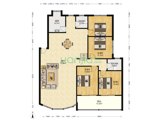 北港花园 4室1厅2卫 174平方