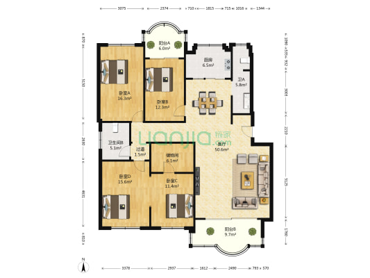 湘天国际花园 4室1厅2卫 158平方