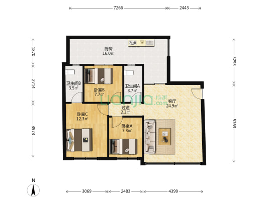 顺德美食城 3室1厅2卫 81平方