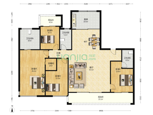 建发玺云 4室1厅3卫 211平方
