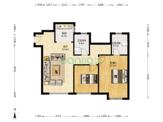 中科澜庭 2室1厅2卫 107平方