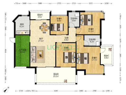 埠上桃源B区 4室1厅2卫 135平方