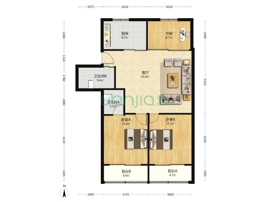 繁华公寓 3室1厅2卫 116平方