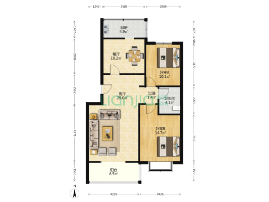 田华里 2室2厅1卫 102平方