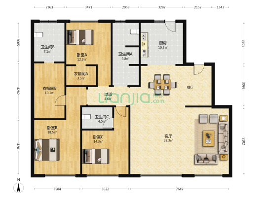 名门紫园雅苑 3室1厅3卫 191平方