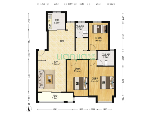 香江花城红枫苑 3室1厅2卫 114平方