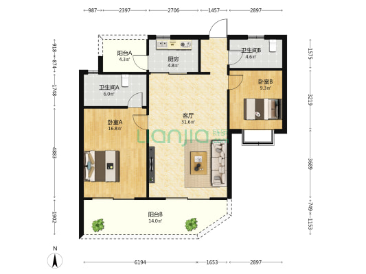 万华江东麓岛 2室1厅2卫 115平方