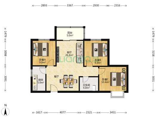 昆明时光二区 3室1厅1卫 95平方