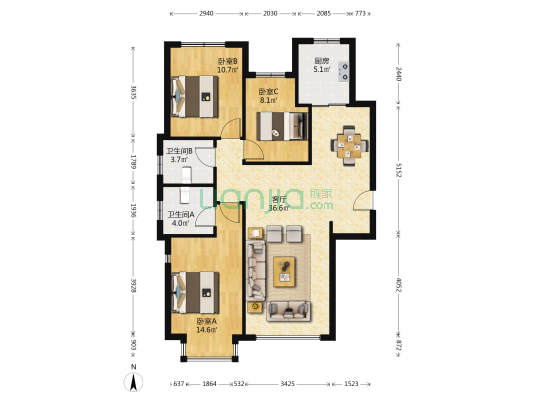 丰舟熹园一期 3室1厅2卫 123平方