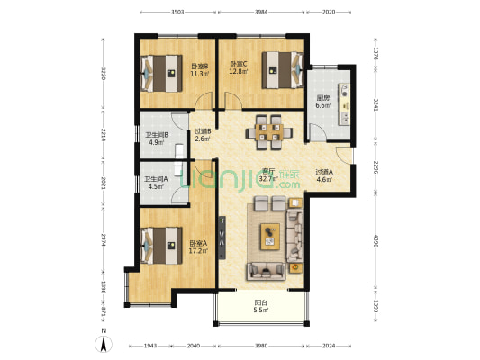 警苑家园 3室1厅2卫 143平方