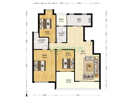 龙湾新城 3室1厅2卫 128平方