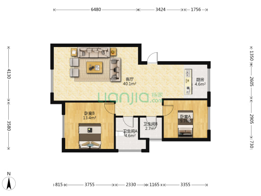 翡翠城 2室1厅2卫 94平方