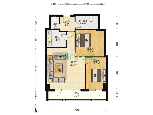 龙头公寓 2室1厅2卫 108平方
