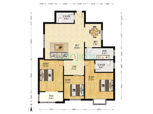 西南花园 3室2厅2卫 146平方
