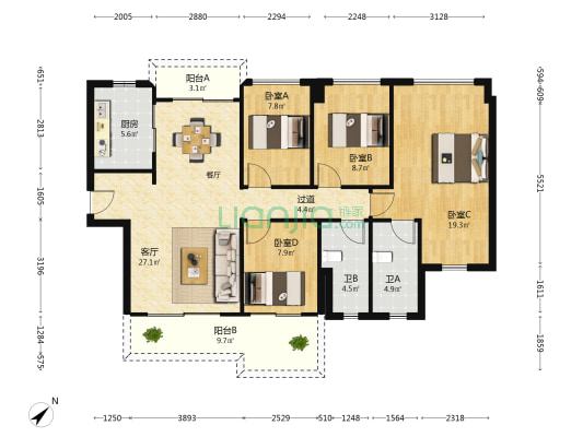 万科深业湾中新城 4室1厅2卫 122平方