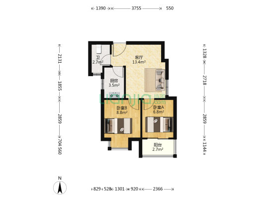 森林公园红梅苑 2室1厅1卫 52平方