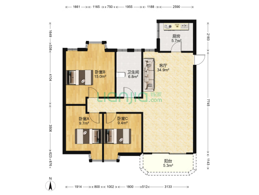 金海怡景花园 3室1厅1卫 95平方