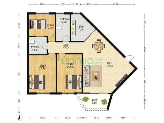 省工行宿舍 3室1厅2卫 109平方