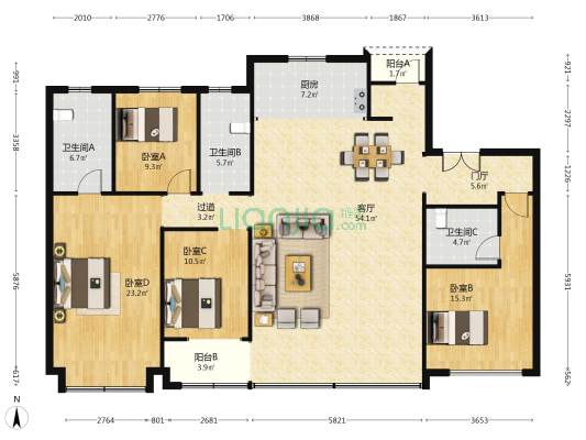 龙湖云河颂 4室1厅3卫 193平方