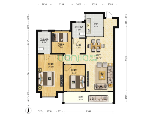 万科蓝湾传奇 3室1厅2卫 121平方