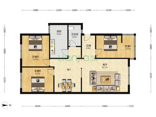 龙门街20号院 3室1厅1卫 120平方
