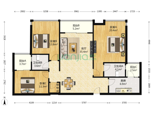 珠江御景湾 3室1厅2卫 132平方