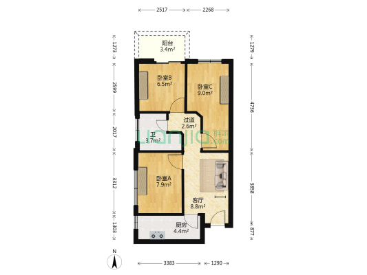 三荣大厦 3室1厅1卫 66平方