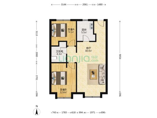 万科滨海大都会观涛苑 2室1厅1卫 87平方