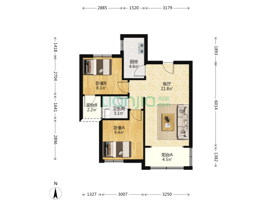 炉房府邸 2室1厅1卫 83平方