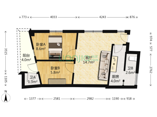 增埗 2室1厅2卫 46平方