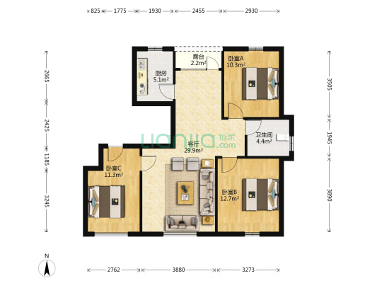 上城·左岸 3室1厅1卫 100平方