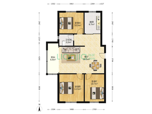 政园小区 3室1厅1卫 116平方