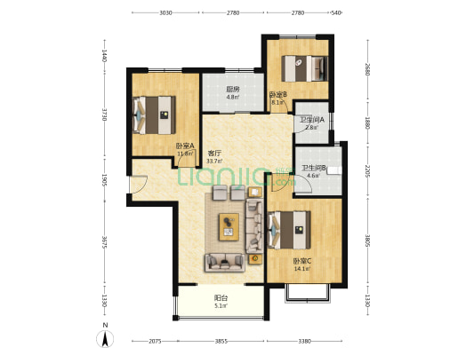 天伦湾一期 3室2厅 南 北-户型图