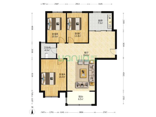 七里铺小区 3室1厅1卫 130平方