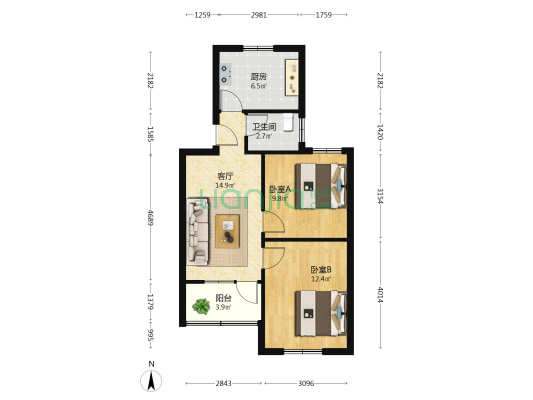 中科院武汉分院宿舍 2室1厅1卫 63平方