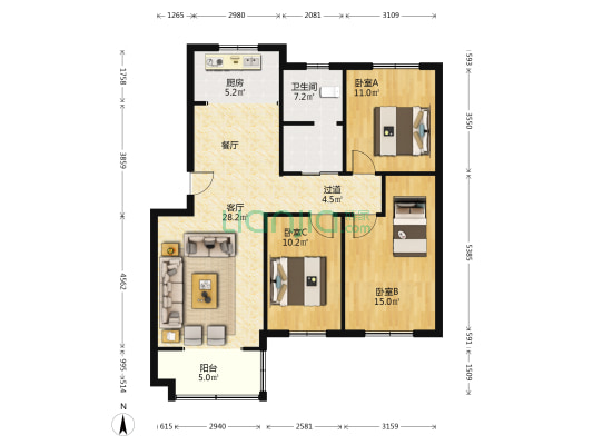 黄梅新村中区 3室1厅1卫 106平方